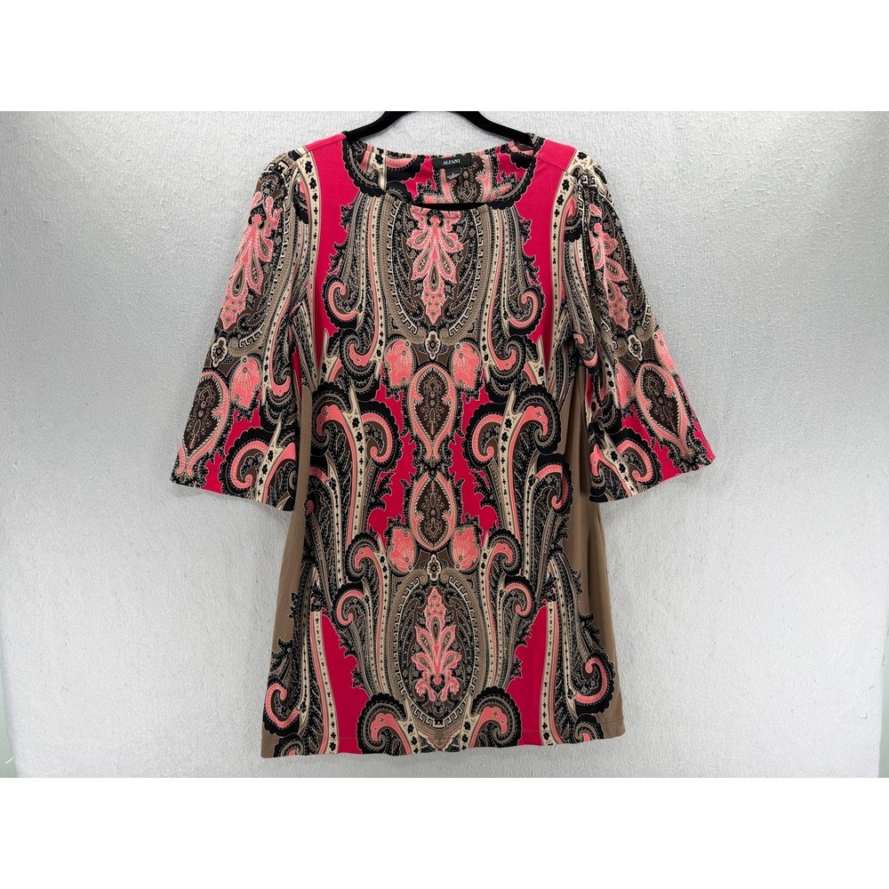 Alfani Tunic Top Womens Size S Pink Brown Black Flowy Flared Sleeve Boho Office